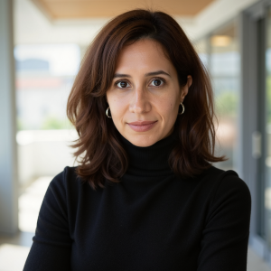 Professional headshot of Jacqueline Moltzau wearing a black turtleneck sweater and small silver hoop earrings. She is facing the camera with a slight smile, and her shoulder-length dark brown hair is styled in loose waves. The portrait is taken indoors with natural light against a softly blurred modern office or hallway background.