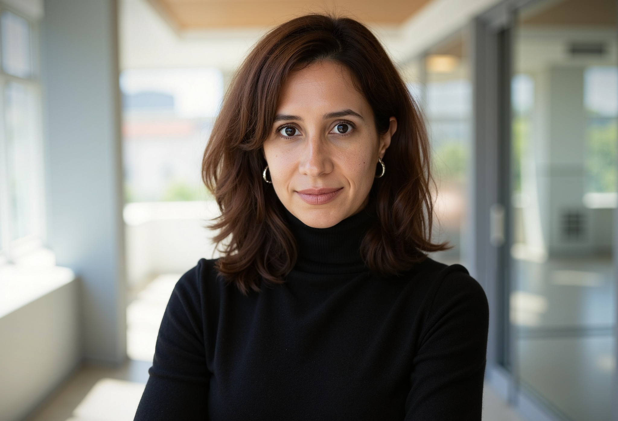 Professional headshot of Jacqueline Moltzau wearing a black turtleneck sweater and small silver hoop earrings. She is facing the camera with a slight smile, and her shoulder-length dark brown hair is styled in loose waves. The portrait is taken indoors with natural light against a softly blurred modern office or hallway background.