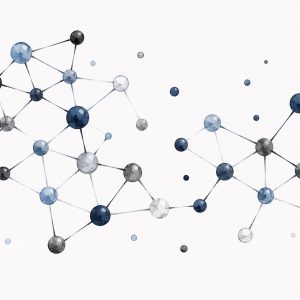 Abstract scientific illustration of interconnected protein-like molecular networks in shades of navy blue, light blue, gray, black, and white on a clean white background. Glossy circular nodes are connected by thin lines to form two minimalist network clusters, with small scattered dots suggesting additional molecules. The image is decorative and represents protein interaction networks and proteomics rather than specific biological structures.