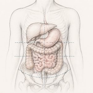 Medical illustration of the torso showing the stomach, liver, small intestine, and colon in their normal anatomical positions. Fine blue dashed reference lines and a curved pelvic line indicate anatomical landmarks used to illustrate organ position when discussing visceroptosis (downward displacement of abdominal organs). The organs are rendered in a soft pencil-sketch style with subtle beige and pink tones against a light background.