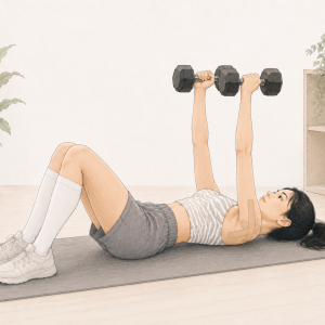 Illustration of a woman with EDS lying on a gray exercise mat in a bright, neutral-toned home workout space. Wearing a striped crop top, gray shorts, knee-high white socks, and sneakers, she holds two dumbbells above her chest. Kinesiology tape is wrapped around one elbow, with potted plants, folded towels, and storage baskets in the background.