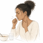 Illustration of a young Black woman coughing during a meal while holding her throat, with a bowl of soup containing a spoon and a glass of water in front of her, representing swallowing difficulties (dysphagia) associated with Ehlers-Danlos syndrome (EDS) and hypermobility spectrum disorders (HSD).