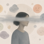 Minimalist illustration of a woman surrounded by symbols of love, happiness, anger, sadness, and other emotions, while a band of fog obscures her eyes, representing emotional numbness and difficulty accessing feelings.