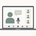 Minimalist illustration of a laptop displaying an online webinar, with a speaker, microphone, chat bubble, and three participant icons.