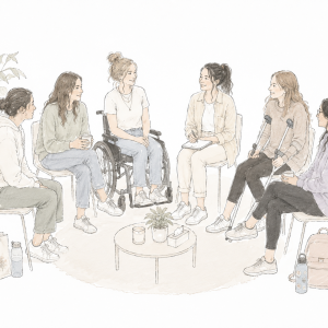 Soft, minimalist pastel sketch of a small EDS support group with six young women in their 20s seated in a circle during a discussion. One woman uses a wheelchair, another has forearm crutches, and the others sit on simple chairs. A small round table with a plant, candle, and tissue box sits in the center. Tote bags and water bottles rest nearby, while the open white background and gentle hand-drawn style create a calm, welcoming atmosphere of connection and peer support.