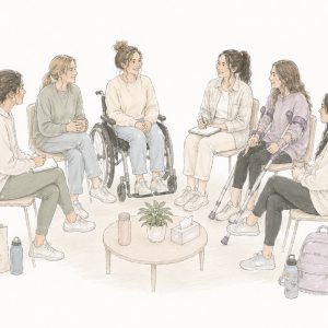Soft, minimalist pastel sketch of a small EDS support group with six young women in their 20s seated in a circle during a discussion. One woman uses a wheelchair, another has forearm crutches, and the others sit on simple chairs. A small round table with a plant, candle, and tissue box sits in the center. Tote bags and water bottles rest nearby, while the open white background and gentle hand-drawn style create a calm, welcoming atmosphere of connection and peer support.