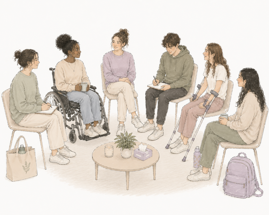 Soft, minimalist watercolor-style illustration of a diverse young adult EDS support group gathered in a circle. The group includes a Black woman using a wheelchair, a young woman using forearm crutches, a young man writing in a notebook, and four other participants seated on chairs. Some members are speaking while others listen or take notes, creating a natural conversation. A small round table in the center holds a potted plant, candle, and tissue box, with tote bags, water bottles, and a backpack nearby. The open white background and gentle pastel colors create a calm, welcoming atmosphere of peer support and community.