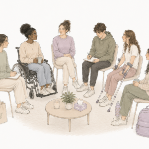 Soft, minimalist watercolor-style illustration of a diverse young adult EDS support group gathered in a circle. The group includes a Black woman using a wheelchair, a young woman using forearm crutches, a young man writing in a notebook, and four other participants seated on chairs. Some members are speaking while others listen or take notes, creating a natural conversation. A small round table in the center holds a potted plant, candle, and tissue box, with tote bags, water bottles, and a backpack nearby. The open white background and gentle pastel colors create a calm, welcoming atmosphere of peer support and community.