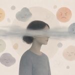 Minimalist illustration of a woman surrounded by symbols of love, happiness, anger, sadness, and other emotions, while a band of fog obscures her eyes, representing emotional numbness and difficulty accessing feelings.