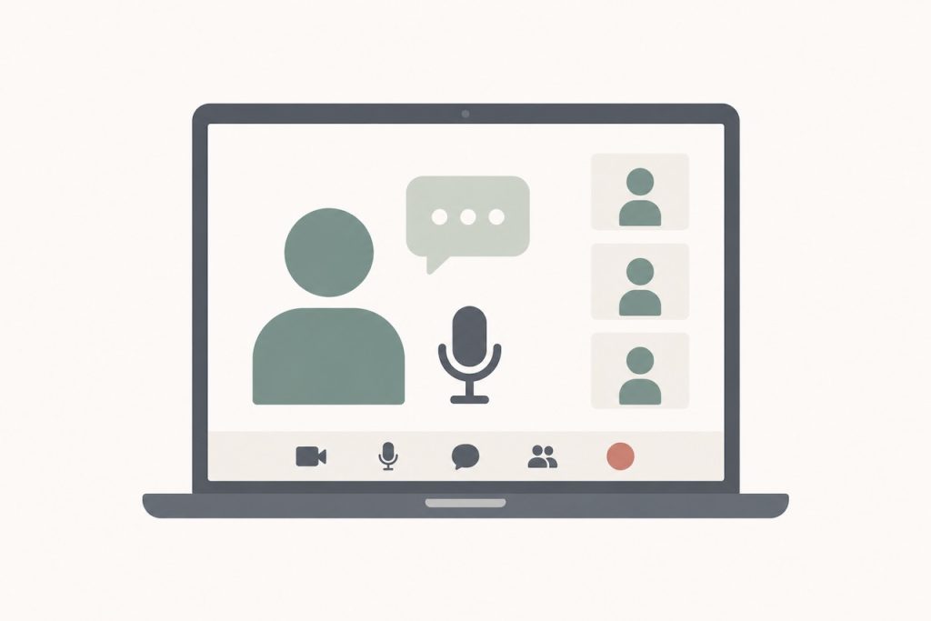 Minimalist illustration of a laptop displaying an online webinar, with a speaker, microphone, chat bubble, and three participant icons.