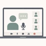 Minimalist illustration of a laptop displaying an online webinar, with a speaker, microphone, chat bubble, and three participant icons.