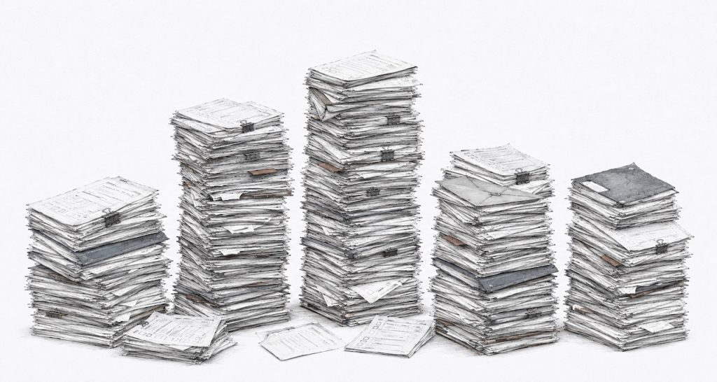 Minimalist graphite sketch of five towering stacks of administrative forms, folders, and clipped papers against a plain white background.