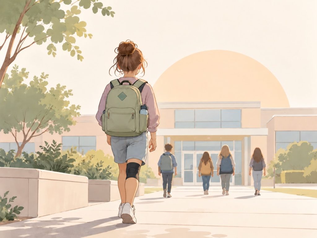 Minimalist illustration of a student wearing a knee brace, shorts, and a backpack walking toward a school with other students in the background.