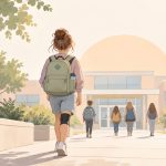 Minimalist illustration of a student wearing a knee brace, shorts, and a backpack walking toward a school with other students in the background.