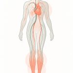 Medical illustration of a standing figure showing the heart, brain, and blood vessels, with shaded lower legs suggesting blood pooling associated with POTS.