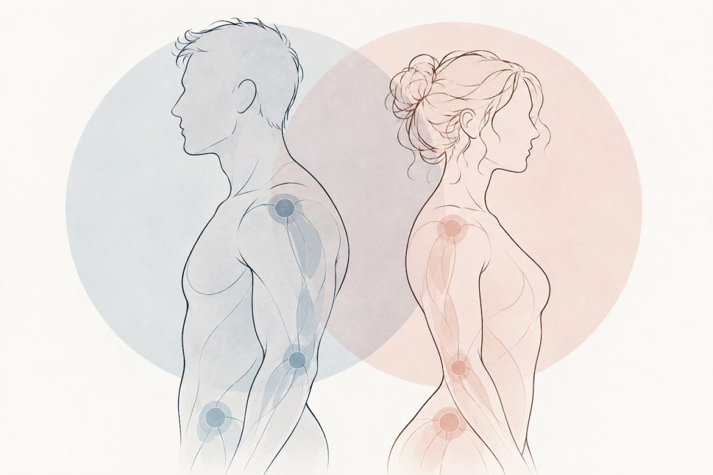 Minimalist illustration of a male and female figure shown back-to-back, with highlighted joints and overlapping circles representing shared and differing features of hEDS and HSD.