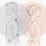 Minimalist illustration of a male and female figure shown back-to-back, with highlighted joints and overlapping circles representing shared and differing features of hEDS and HSD.