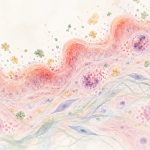Minimalist watercolor-style illustration of a GI mucosal lining with eosinophil-like immune cells, food-protein particles, and delicate connective tissue fibers beneath the surface.