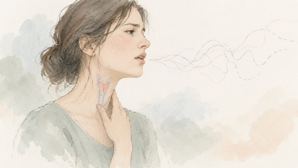 Minimal watercolor-style illustration of a woman touching her throat while speaking, with a subtle view of the larynx and soft, broken sound waves suggesting difficulty speaking.