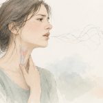 Minimal watercolor-style illustration of a woman touching her throat while speaking, with a subtle view of the larynx and soft, broken sound waves suggesting difficulty speaking.
