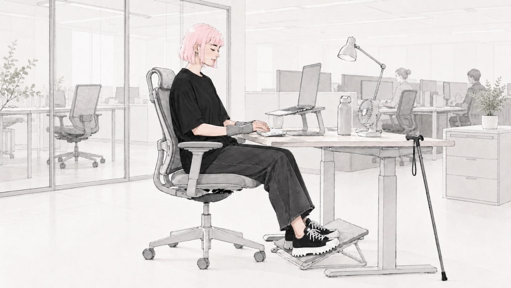 Minimalist illustration of a young woman with pale pink bobbed hair working at an accessible office workstation with an ergonomic chair, footrest, raised laptop, wrist support, desk lamp, fan, water bottle, and cane. Coworkers sit at desks in the background.
