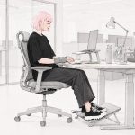 Minimalist illustration of a young woman with pale pink bobbed hair working at an accessible office workstation with an ergonomic chair, footrest, raised laptop, wrist support, desk lamp, fan, water bottle, and cane. Coworkers sit at desks in the background.